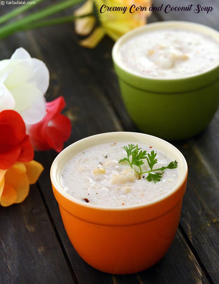 An easy but unique soup of cream style corn and coconut milk, flavoured with red chilli flakes and mixed herbs. The combination of coconut milk and red chilli flakes gives the Creamy Corn and Coconut Soup a tropical feel., 