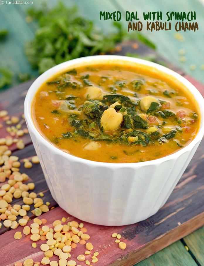  Mixed Dal with Spinach and Kabuli Chana, cabbage and tomatoes give the dal crunch and tang, while a rich paste of cashews, coconut and spices gives the Mixed Dal with Spinach and Kabuli Chana an irresistible taste and texture too.