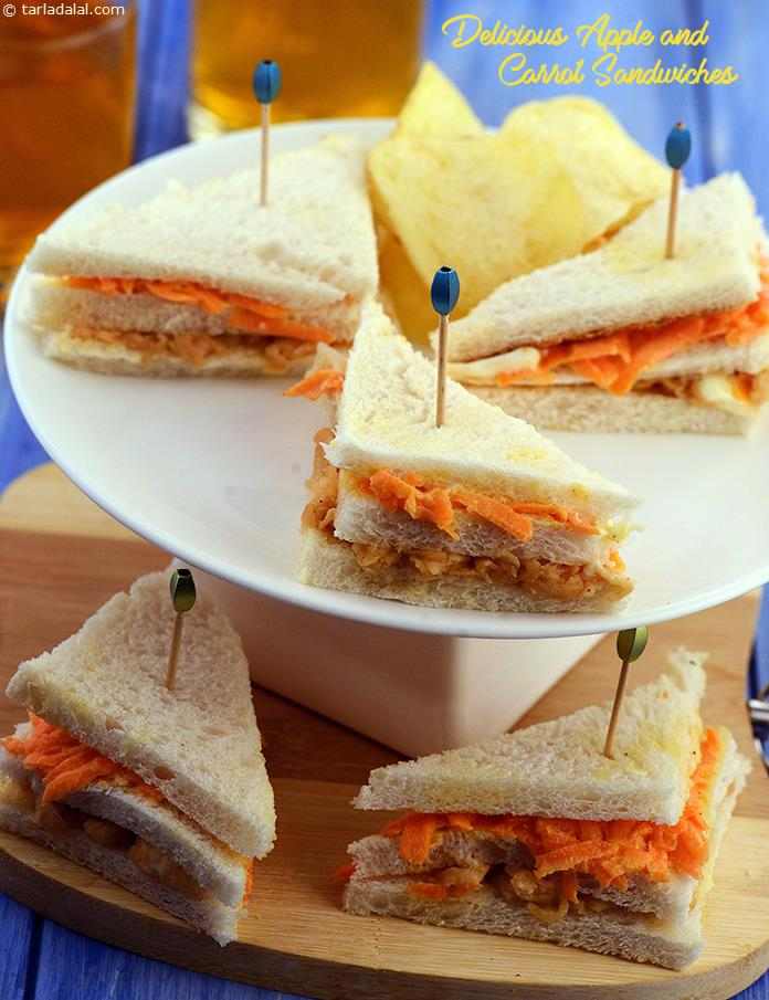 Delicious Apple and Carrot Sandwiches, apple and cheese with a sprinkling of pepper and a similar spread made of carrots, make a yummy filling for fresh, soft bread slices.