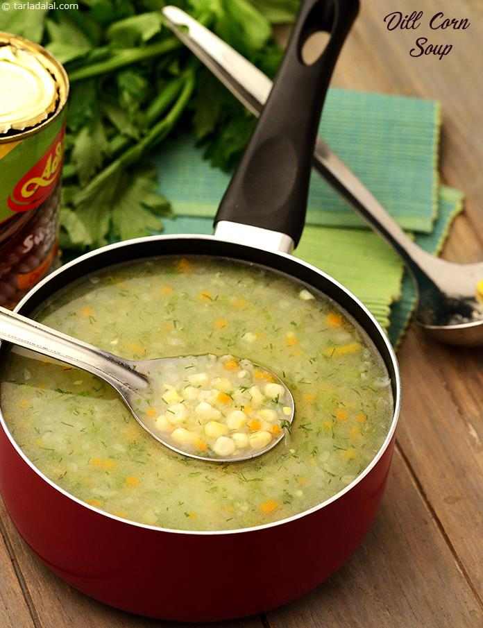 Dill has a distinct and unique flavour, which goes very well with cream-style corn. The addition of chopped carrots, onions and celery sautéed in butter imparts a delightful crunch and buttery touch to the Dill Corn Soup.