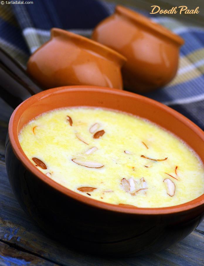 Doodh paak is a semi-thick mithai, brimful with the goodness of milk. The milk is simmered for a while; then the rice is added and simmered till cooked. As the rice is cooked completely in the milk, it imbibes a luxurious flavour and aroma. 