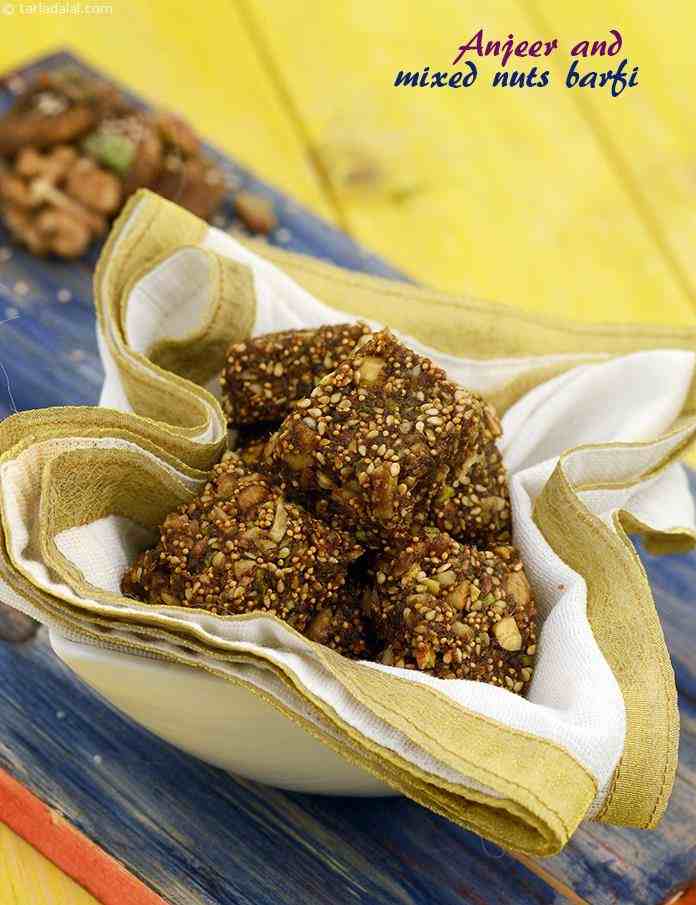 Anjeer and Mixed Nut Barfi combines ingredients like figs, nuts and sesame seeds. A teaspoon of ghee together with saffron and cardamom imparts a rich and magical aroma to this quick barfi, while the sesame seeds imparts a deep flavour to it. 