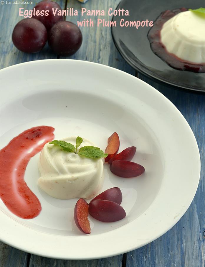 Eggless Vanilla Panna Cotta with Plum Compote