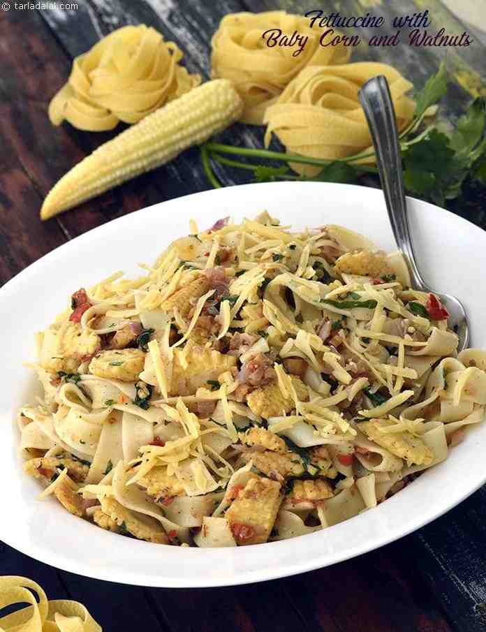 Fettuccine with Baby Corn and Walnuts