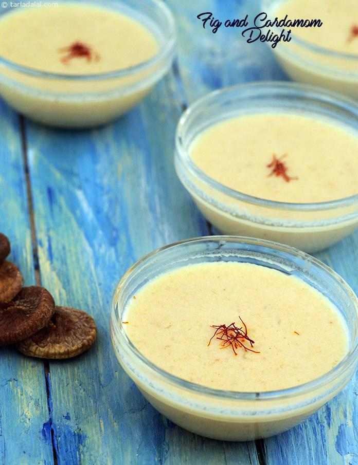 Fig and Cardamom Delight, figs have been used as they are low in calories as compared to other dried fruits and are also rich in fibre. To control the calorie count further, i have used low-fat milk and restricted the sugar to minimal.