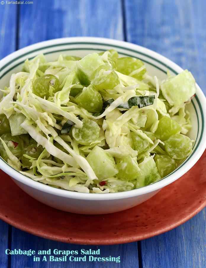Green grapes, cucumber and cabbage make this salad a really "cool" one. Unlike other dressings, this one is made of curds and flavoured with basil and lemon that add zest to its already unique flavour