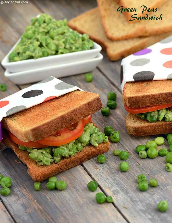 Green peas make a surprising filling for sandwiches! Full of fibre and protein…kids favourite sandwich made with a healthier version of dressing which is made using curds and very little cream.