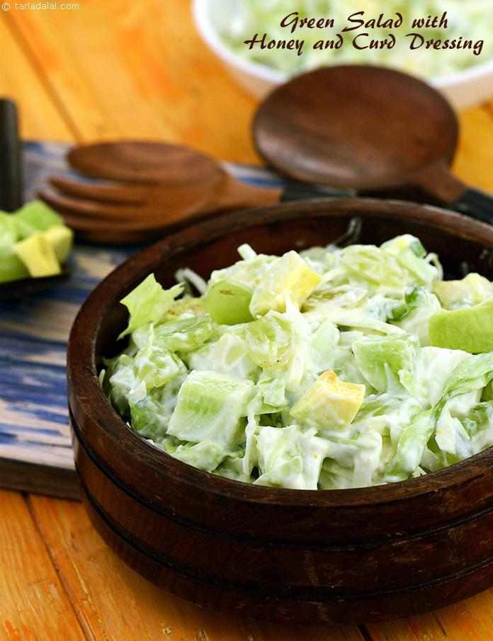 Green Salad with Honey and Curd Dressing, a truly exotic combination of greens! avocado, though high in fat, contains good fatty acids (mono unsaturated fatty acids) that help to lower blood cholesterol.