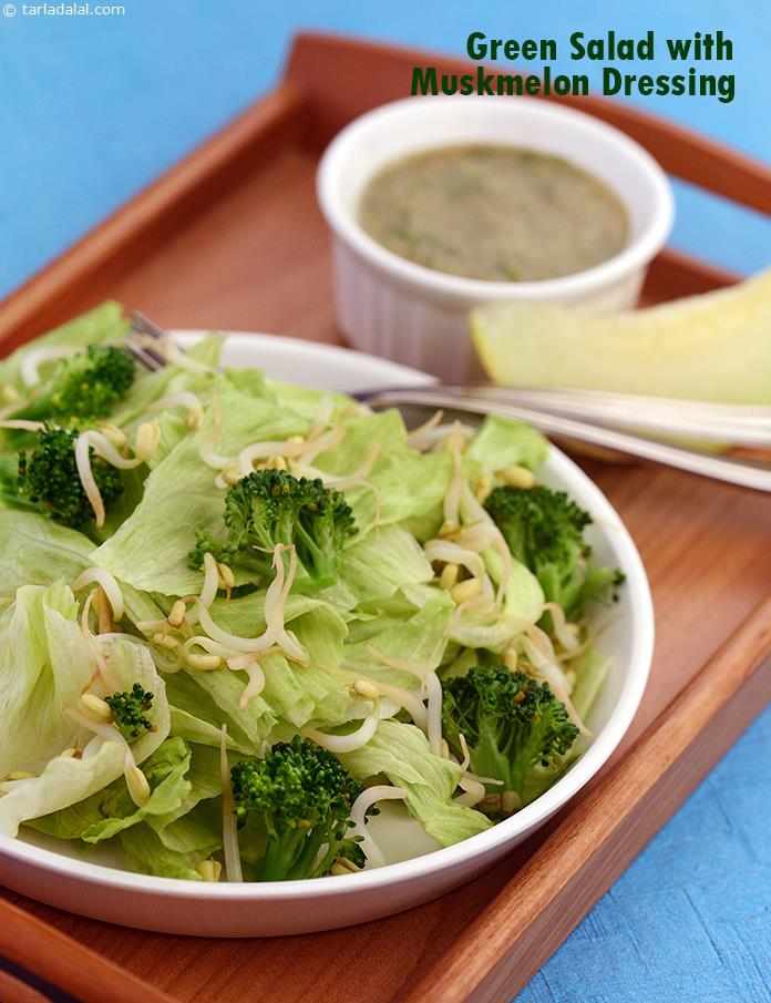 Green Salad with Muskmelon Dressing, an interesting combination of textures from lettuce, bean sprouts and broccoli. Dressed with unusual yet flavoured muskmelon dressing it also lends a vitamin a touch to this salad.