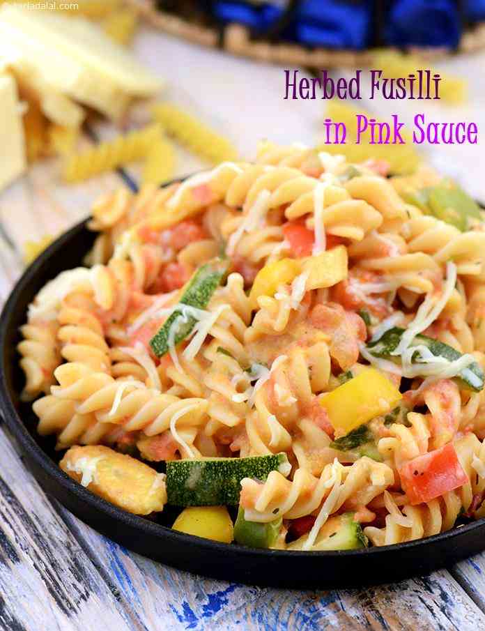 Herbed Fusilli in Pink Sauce gets its colour not from beetroot or any pink ingredient, but by the interplay of the many other coloured ingredients used in its preparation.