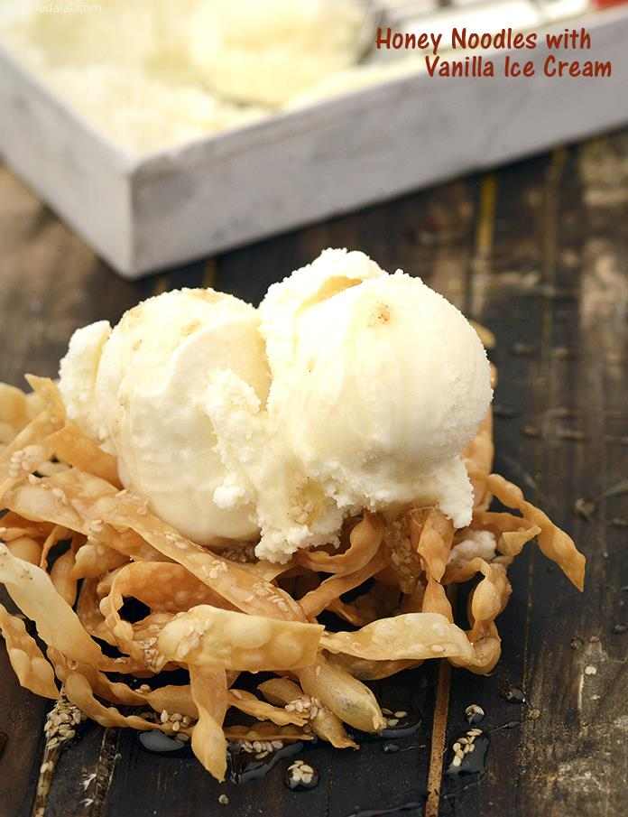 Honey noodles with ice-cream, ‘darsaan’ as this dish is popularly known is a creative, fun sweet dish.Fried noodles are tossed with honey and sesame seeds and relished with ice cream. 