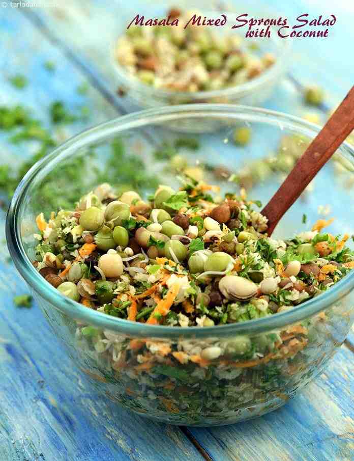 Masala Mixed Sprouts Salad with Coconut,is a crisp and tangy salad with basic Indian flavours from chaat masala, coriander and lemon juice. Serve this as a salad, or serve this as a snack if you are watching your weight. 
