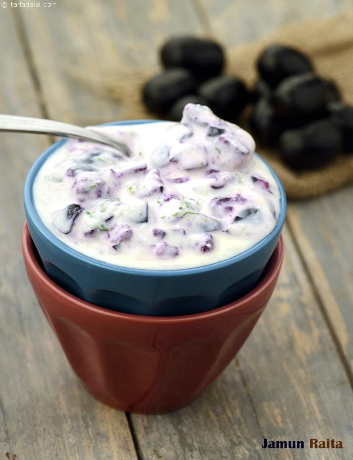 Jamun Raita, the taste of jamun is very nicely enhanced by the blend of cumin seeds powder and coriander with low-fat curds. Select sweet and ripe jamuns that are soft pulpy, for best results.