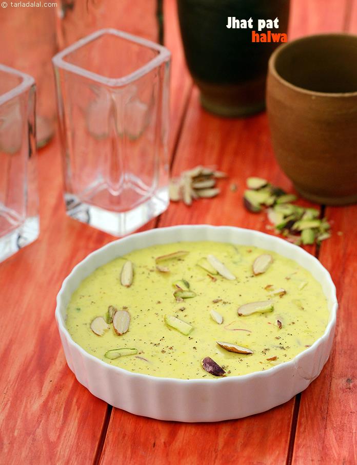 Jhat-pat Halwa, the creamy taste of milk acts as a suitable base, which highlights the shades of saffron and cardamom. The topping of pistachios and almonds gives it a rich feel.