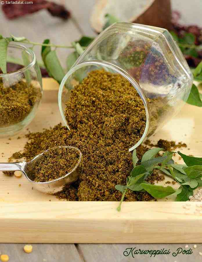 Karivepilai Podi, this powder of roasted curry leaves, dals and spices, transforms a simple breakfast of idli or dosa into a tongue-tickler! 