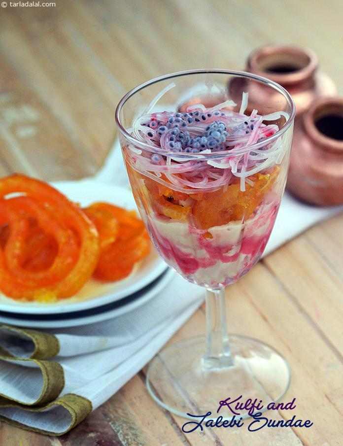 The Kulfi and Jalebi Sundae is an innovative yet quick dessert of malai kulfi topped with jalebis and falooda sev, drizzled temptingly with rose syrup.