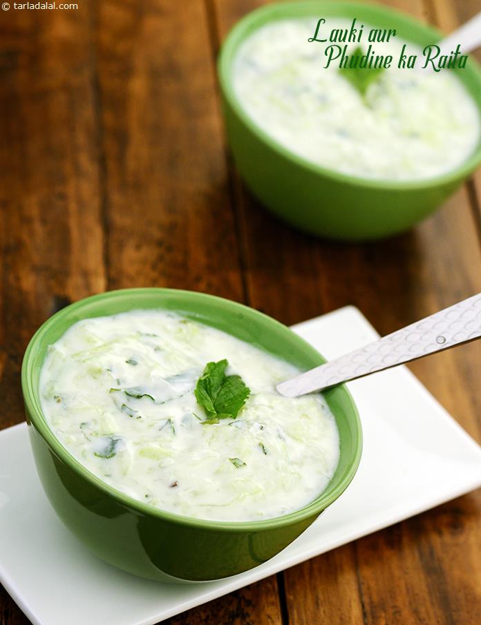 Lauki aur Phudine ka Raita, this tangy curd preparation makes a wonderful summertime treat when served chilled. Grated lauki contributes minimal calories and also blends perfectly with the 'minty' flavour of this raita.