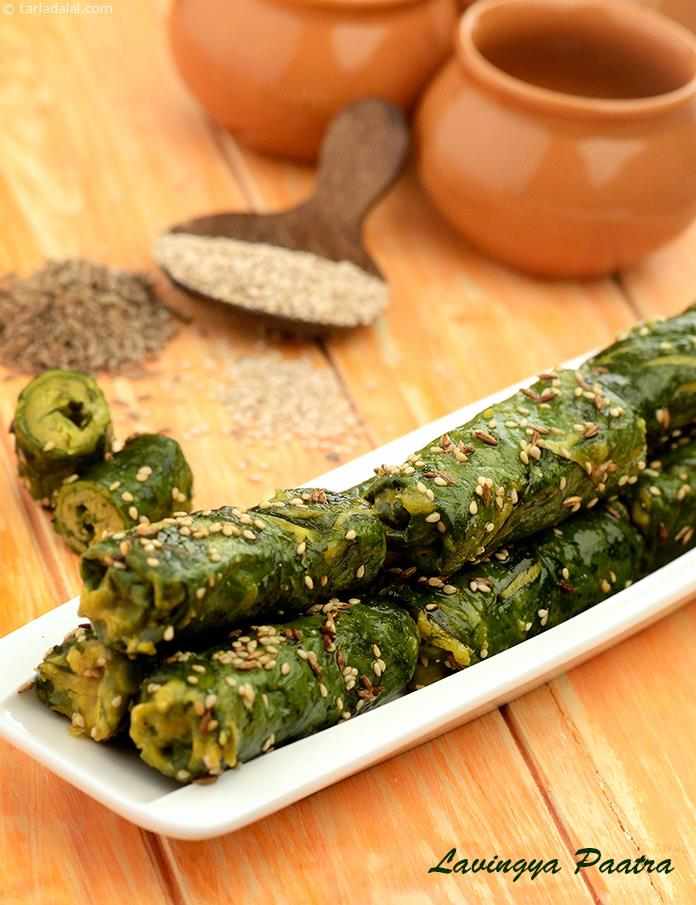 Lavingya Paatra, one serving of these soft colocasia rolls with a bengal gram paste are enough to fulfill your caloric, protein, calcium, iron and folic acid requirements at snack time.