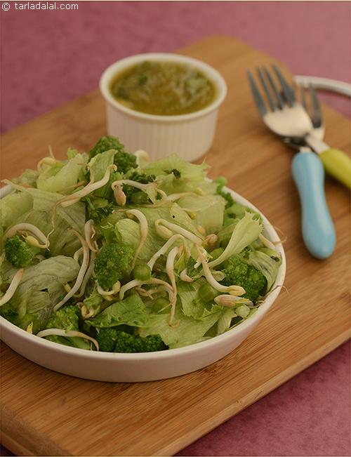 Lettuce, Bean Sprouts and Broccoli Salad, the puréed melon adds volume to the dressing making it creamier and of a coating consistency to flavour the vegetables and sprouts.
