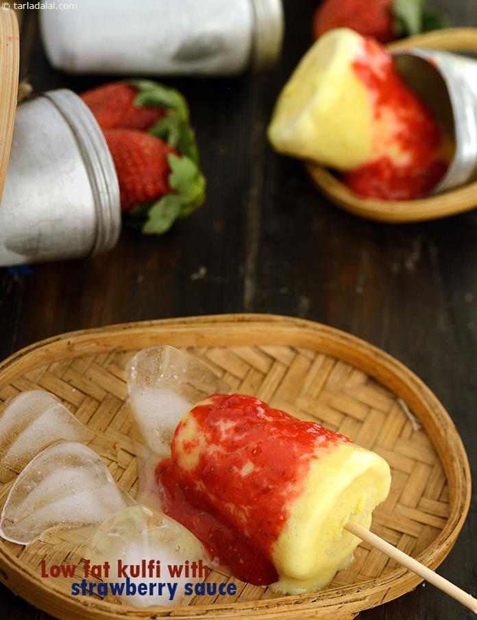 Low Fat Kulfi with Strawberry Sauce, almost nil in fat and minimal in calories, this frozen dessert is extremely eye appealing.