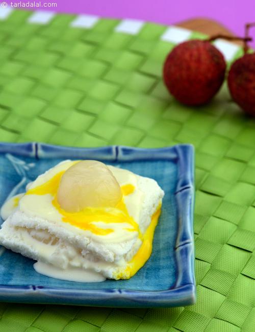 Lychee Sandwich, fresh sweet lychees and rabdi sandwiched between rasgullas, tastes great when served chilled.