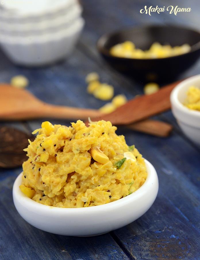 Makai Upma is made of crushed sweet corn kernels cooked in milk and perked up with green chillies and lemon juice, along with a traditional tempering, and a garnish of aromatic coriander. 