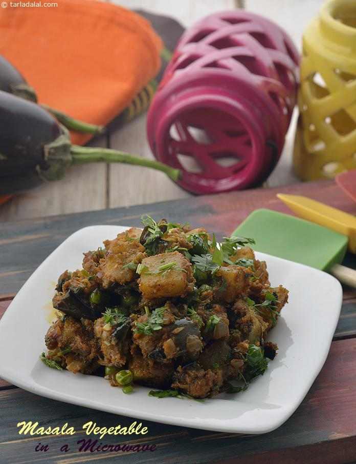 Masala Vegetable in A Microwave,  Baingan Potato and Green Peas Sabzi