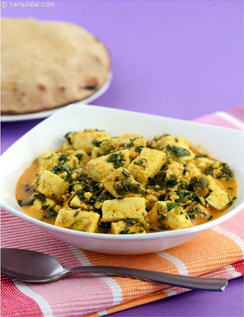 Methi Paneer can be given more flavour by adding some kasuri methi. Milk and sugar are used to balance the bitterness of the methi. All in all a completely lip smacking preparation!