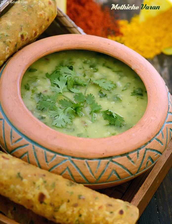 Methiche Varan, an authentic Maharashtrian dal reverberating with all the flavours that the desi palate yearns for, this low-cal dish is loaded with methi leaves, rich in fibre, folic acid, vitamin A and iron. 