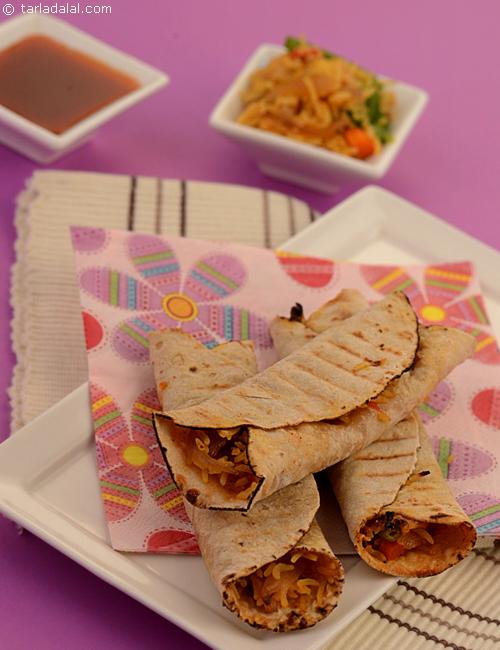 Mexican Rice and Chapati Rolls, mexican rice and hot and sour sauce stuffed left over chapatis grilled in a sandwich toaster.