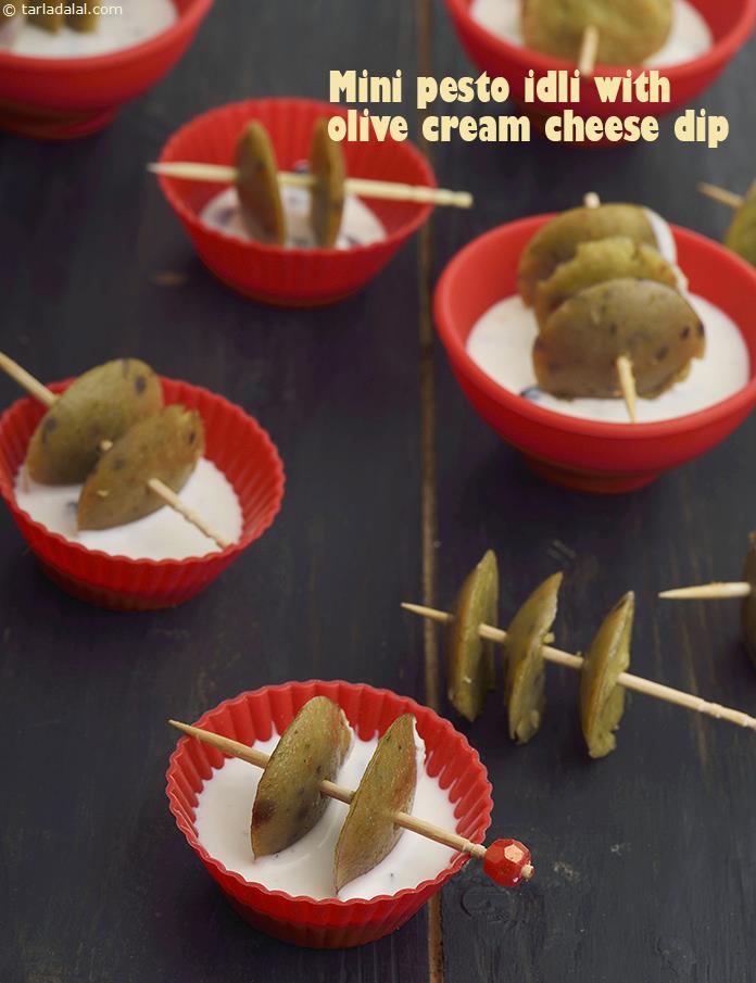 Mini Pesto Idlis with Olive Cream Cheese Dip