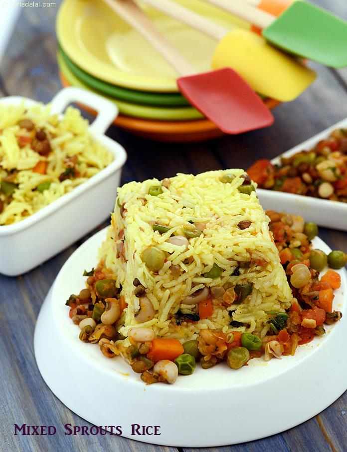 Mixed Sprouts Rice, this protein-rich rice preparation also presents a fiesta of colours, thanks to the use of a large variety of sprouts and veggies. Traditional indian spices add flavour to the rice. 