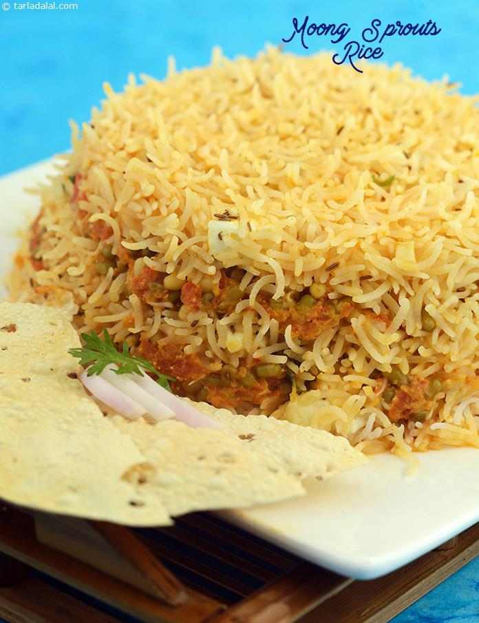 Moong Sprouts Rice, rice tossed with a wonderful assortment of spices and paneer is layered with a toothsome curry of nutritious moong sprouts cooked with a semi-spicy masala paste, and baked.