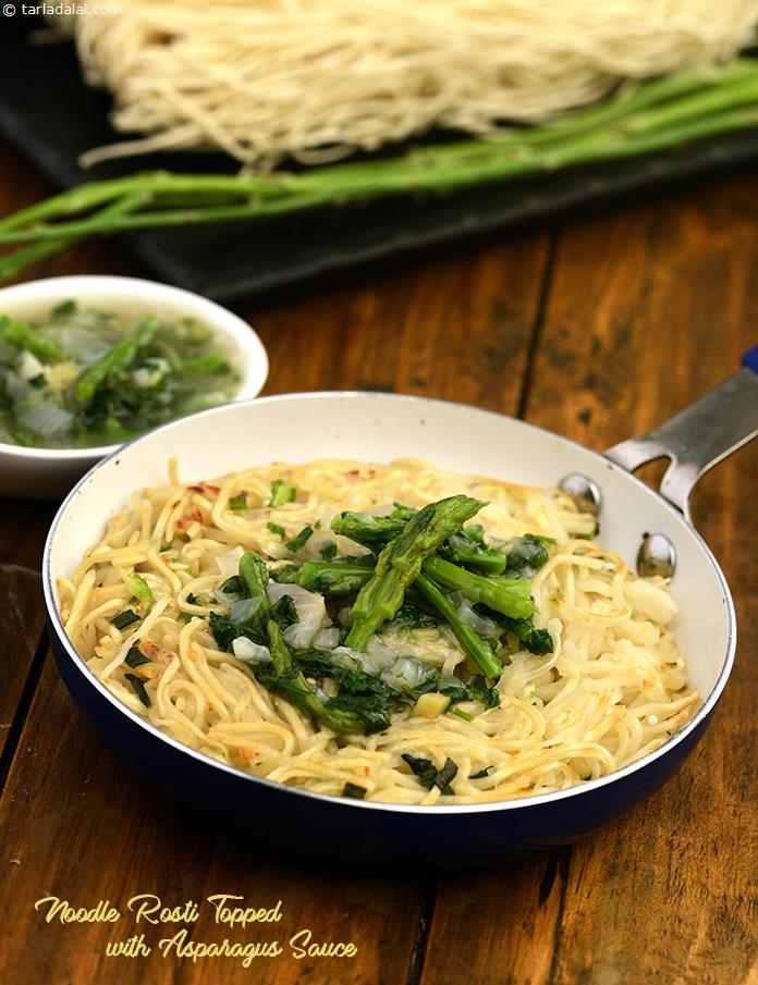 Noodle Rosti Topped with Asparagus Sauce, the rosti is made of parboiled noodles cooked to a crisp with flavourful ingredients. Once a perfect golden brown, the rosti is topped with a pungent asparagus sauce. 