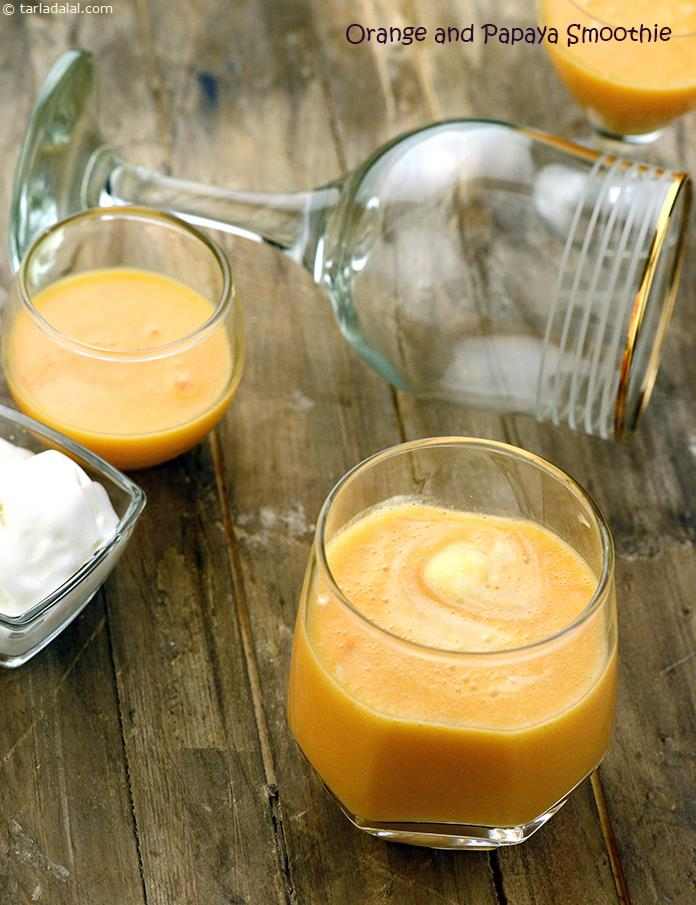 The modest flavour of papaya is perked up excitingly with orange juice in this delightful smoothie. With vanilla ice-cream as the base, Orange and Papaya Smoothie offers your taste-buds a creamy, fun-filled, melt-in-the-mouth sensation.