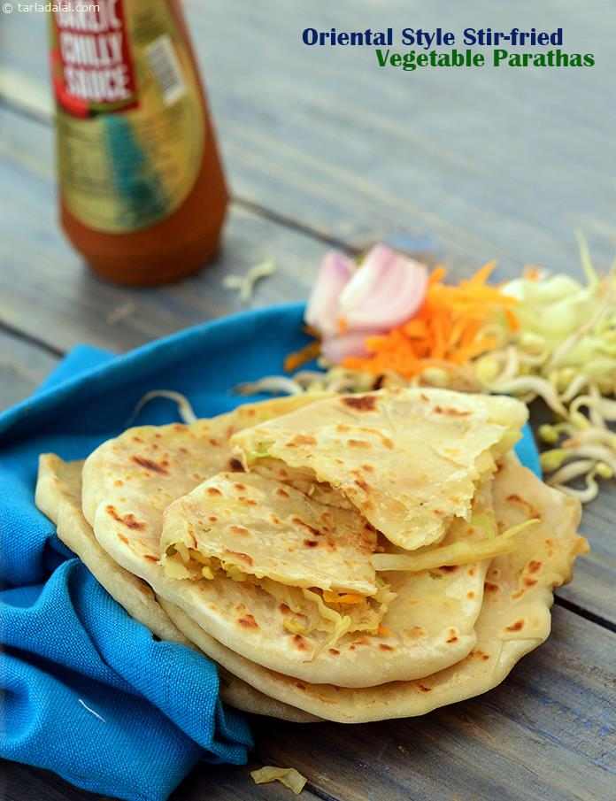 A novel paratha, stuffed with chinese stir-fried vegetables. While making the stuffing for the oriental style stir-fried vegetable paratha, make sure you do not over-cook the vegetables, to maintain the perfect stir-fry texture and flavour.