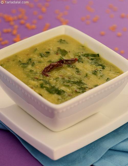 Palak Masoor Dal, cooked masoor dal and spinach simmered with a tempering of cardamom, cumin seeds, dry red chillies, curry leaves and garlic.