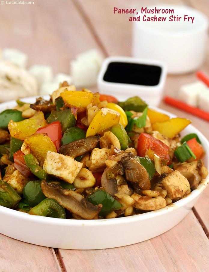 Paneer, Mushroom and Cashew Stir Fry, a colourful and delectable vegetable fiesta with cashewnuts and pepper.