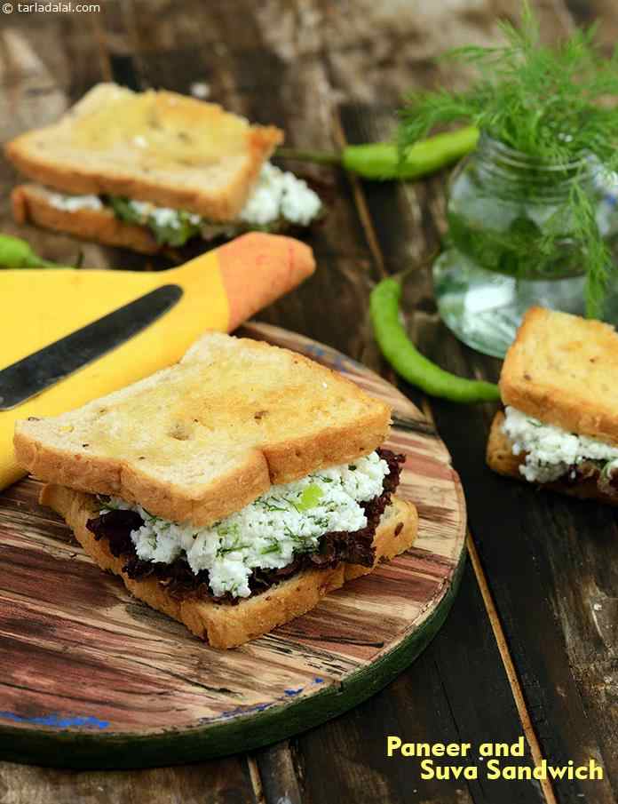 Paneer and Suva Sandwich, lettuce adds crunch to these paneer sandwiches, a no-cooking tiffin treat that's quick and easy to make. Nourishing and filling, the sandwiches can also be eaten on the go! 