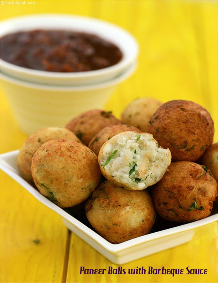 Paneer Balls with Barbeque Sauce, a very tasty and appetising snack combo to serve and impress your gueats.