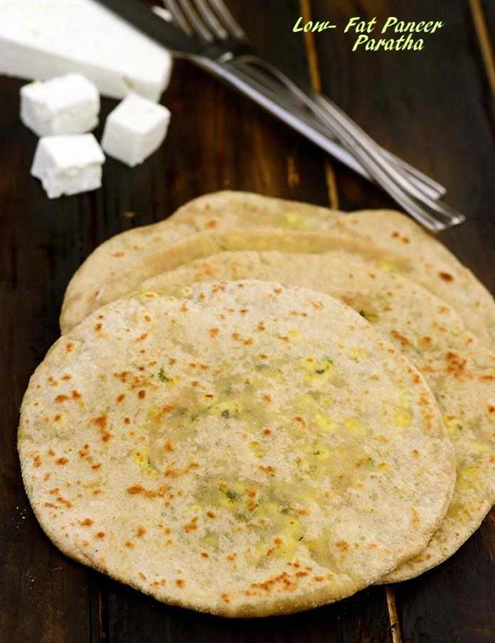 Paneer Kulchas made with whole wheat flour. Low fat paneer has been used which provides very negligible amount of fat and also enriches these kulchas with protein and calcium.