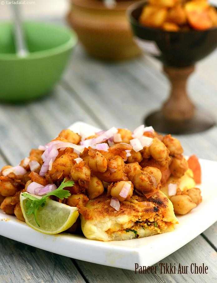 Paneer Tikki Aur Chole, the paneer filling for tikkis uses tomato purée which adds a sharp tangy taste to it. Chole along with these tikkis makes a heavy snack. You will also enjoy the tikkis by themselves with a little green chutney.