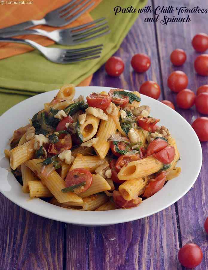 Pasta with Chilli Tomatoes and Spinach