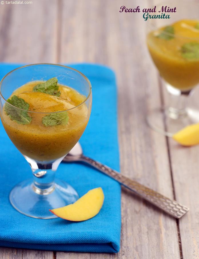 Peach and Mint Granita, the exotic taste of peach works very well with mint. Flavourful fresh peaches blended together with mint strike just the right balance for your taste buds.