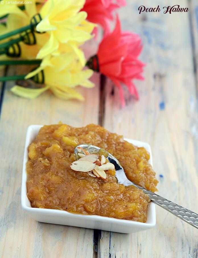 Peach Halwa, the strong scent of fresh peaches sautéed in ghee, together with the lingering aroma of khoya cooked with sugar, and the unmistakable aroma of cardamom, make this halwa a winner.