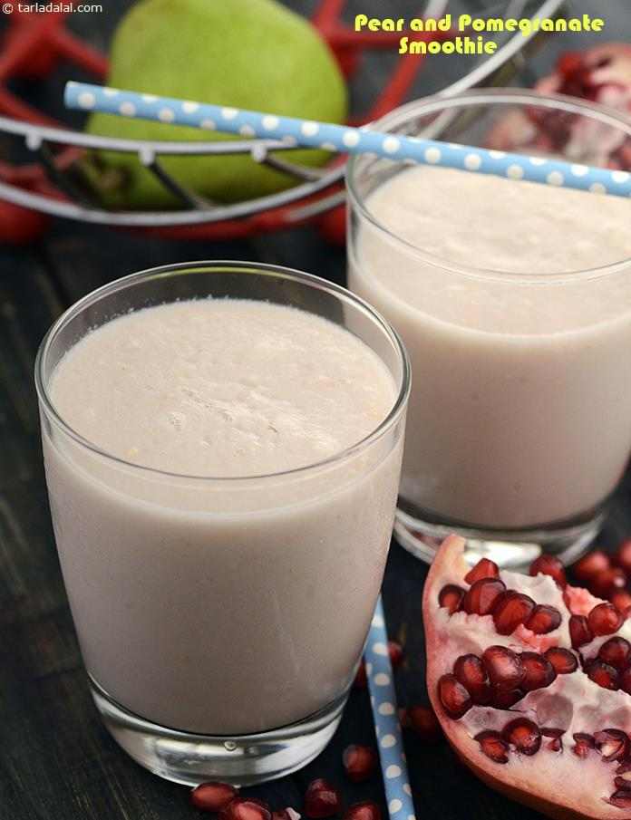 Two interesting fruits – pear and pomegranate, not very commonly used in smoothies, are combined with curds, milk and ice cubes to make the comforting pink-coloured pear and pomegranate smoothie.