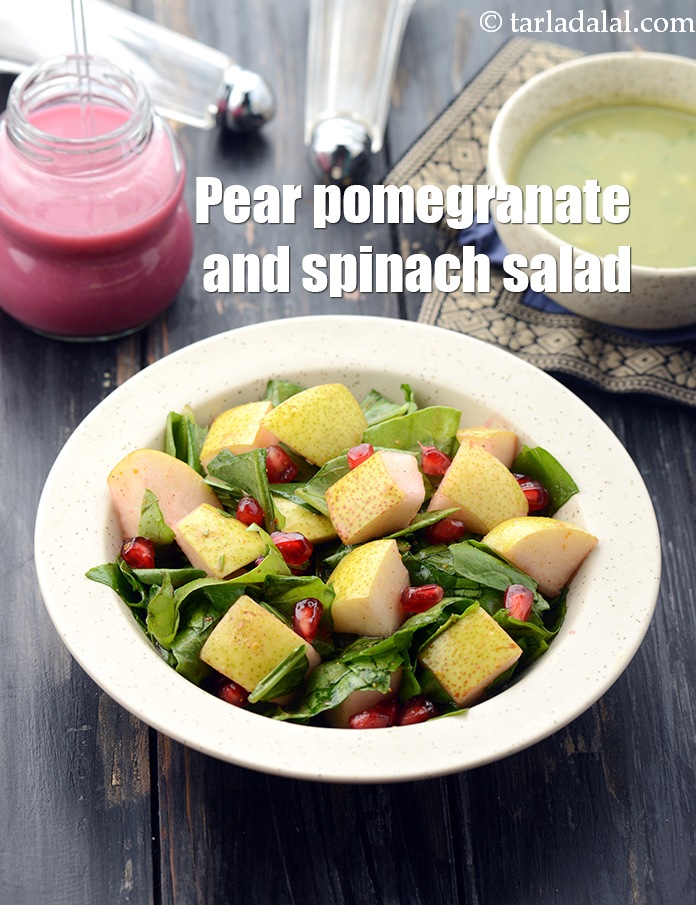 Pear Pomegranate and Spinach Salad, Indian Pomegranate and Pear Green Salad