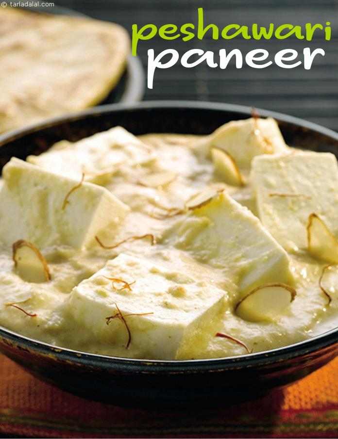 Peshawari Paneer, a rich creamy mildly spiced subzi of paneer cubes in a cashew based white gravy.
