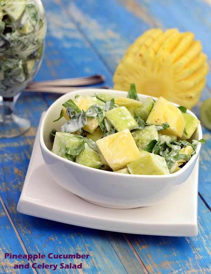 Pineapple Cucumber and Celery Salad, cucumbers and pineapples are juicy, refreshing and rich with vitamin C, vitamin E, iron, fibre and water. These foods help in cleansing the system, maintaining body temperature, and hydrate the body.