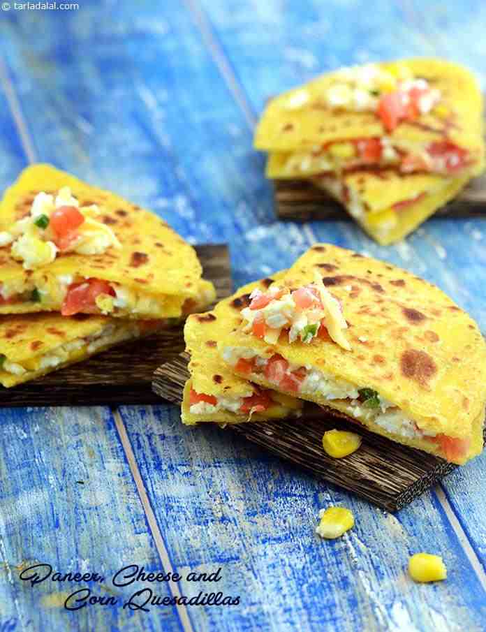 Quesadillas are a good one-dish meal for kid’s lunch, these are enriched with calcium rich paneer and cheese stuffing.
